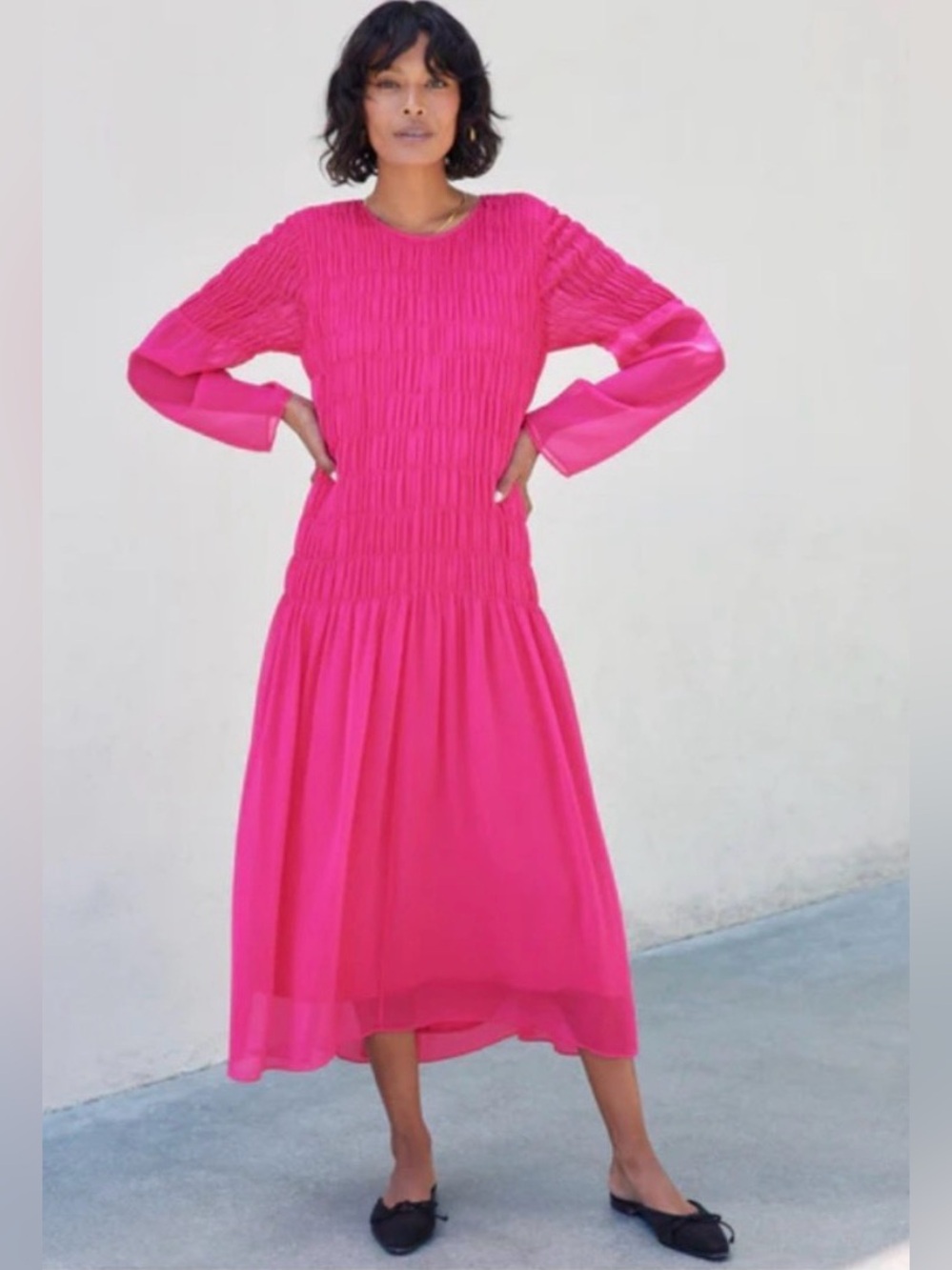 AYR The Something Special Silk Midi Dress Women's Medium Smocked Hot Pink